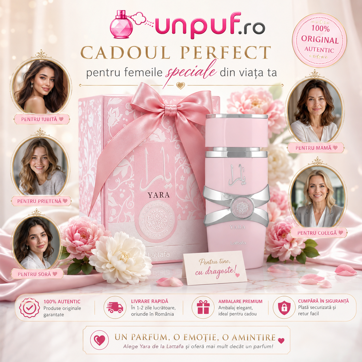 Lattafa Yara parfum damă, prezentare elegantă, flacon roz și cutie originală